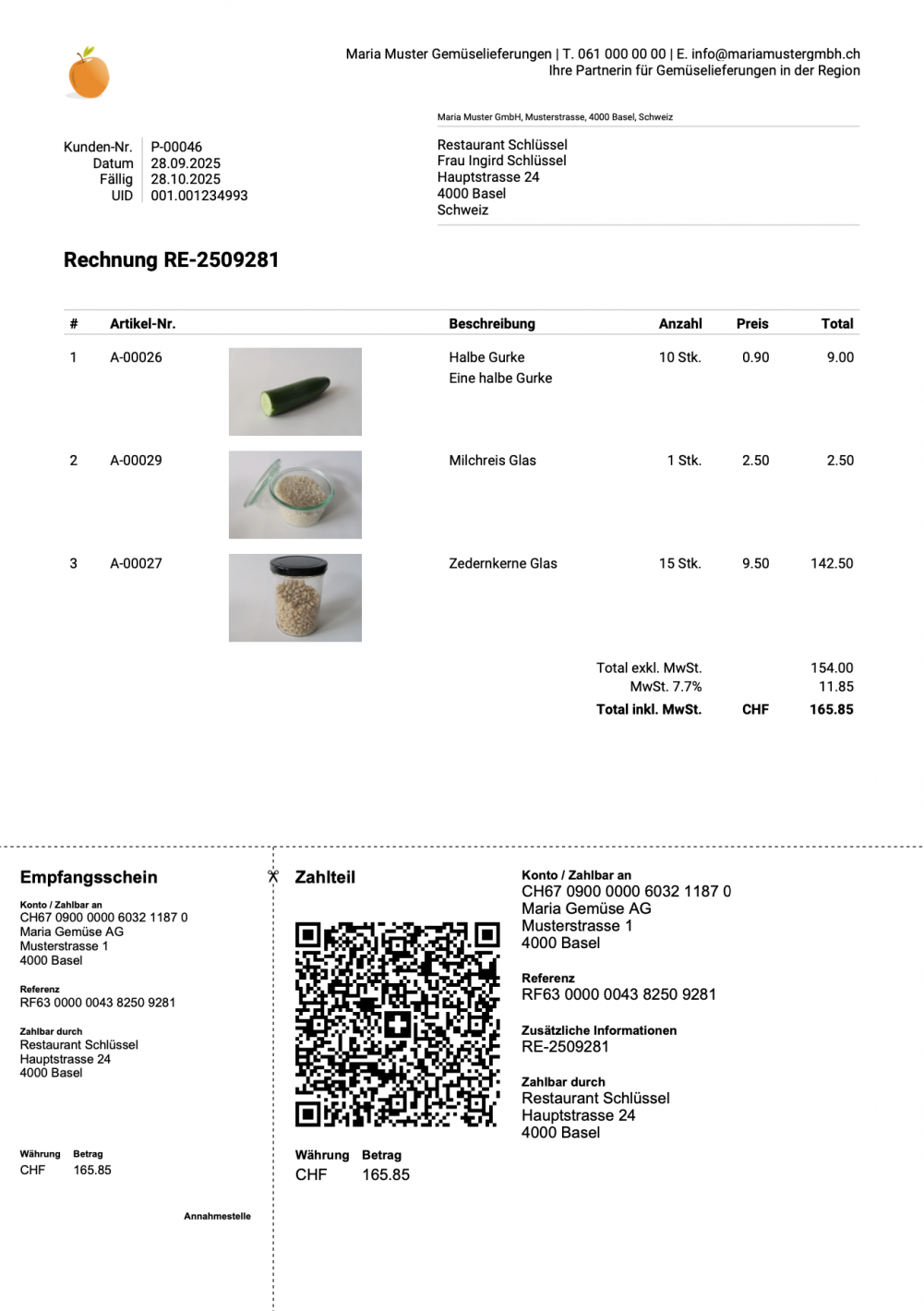 Screenshot of a QR invoice with item images