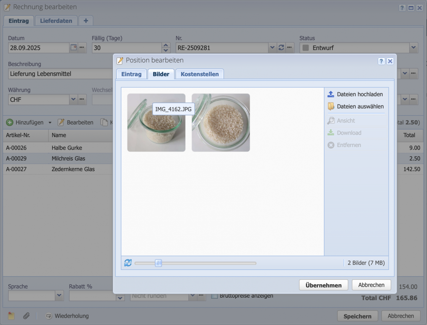 Screenshot: Image selection for a position on the invoice document