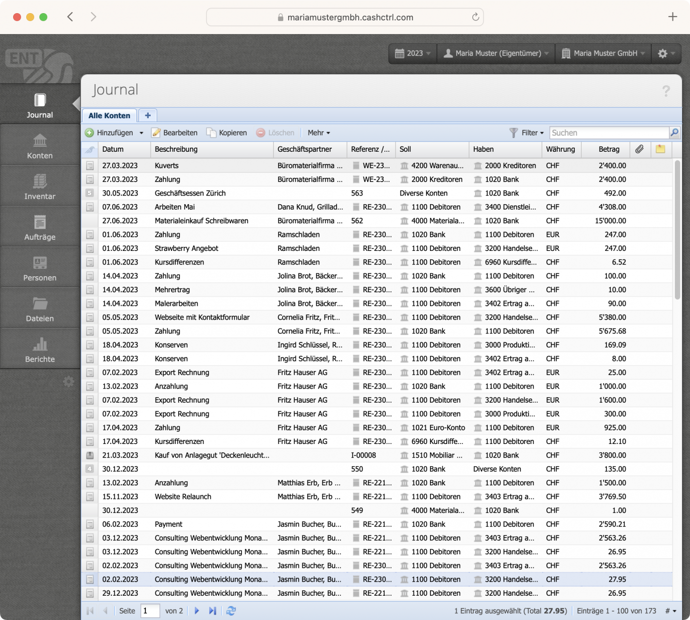 Screenshot des Journals in CashCtrl