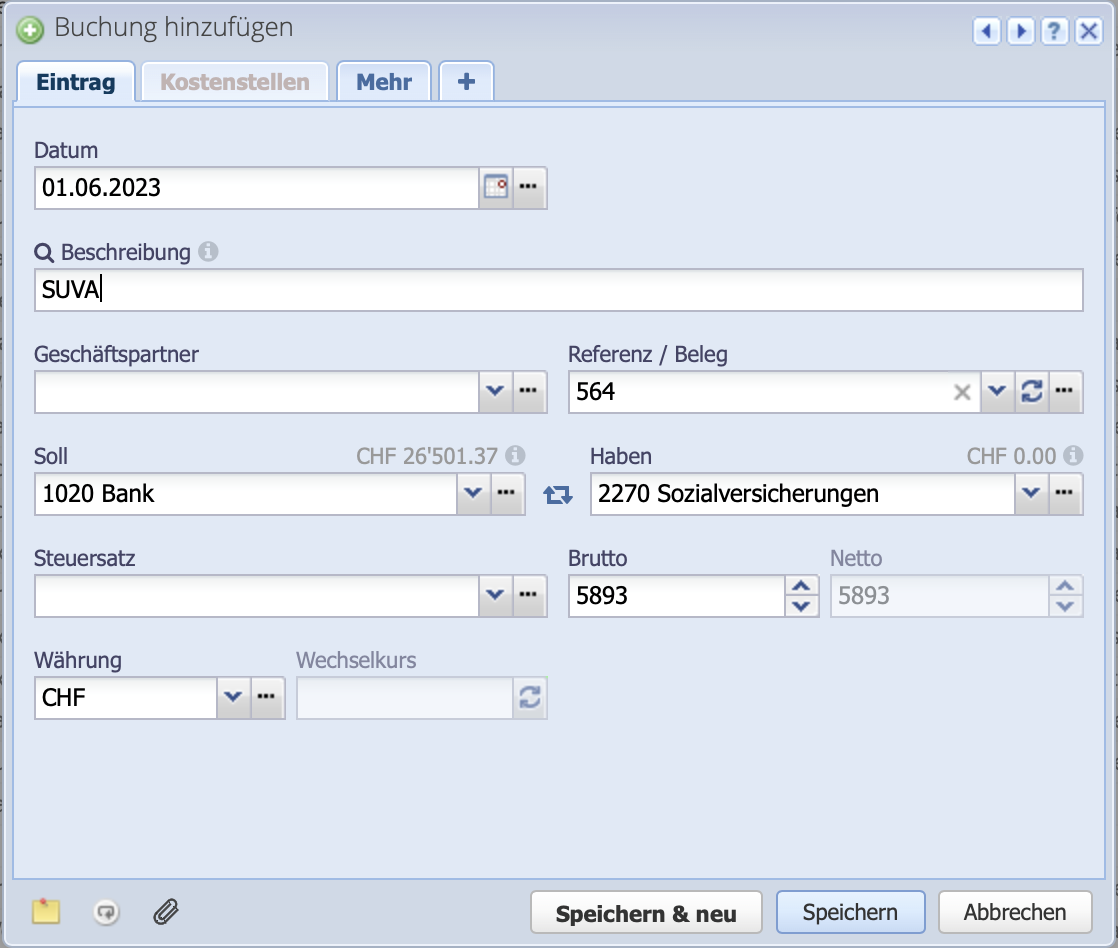 Screenshot des Buchungsdialogs in CashCtrl
