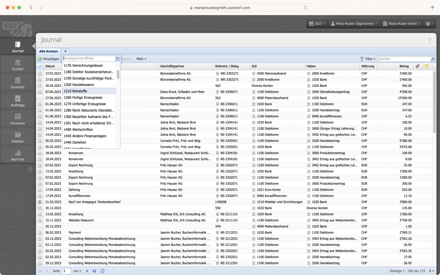 Screenshot des Journals mit dem Hinzuf&uuml;gen eines Kontojournals f&uuml;r schnelleres Buchen