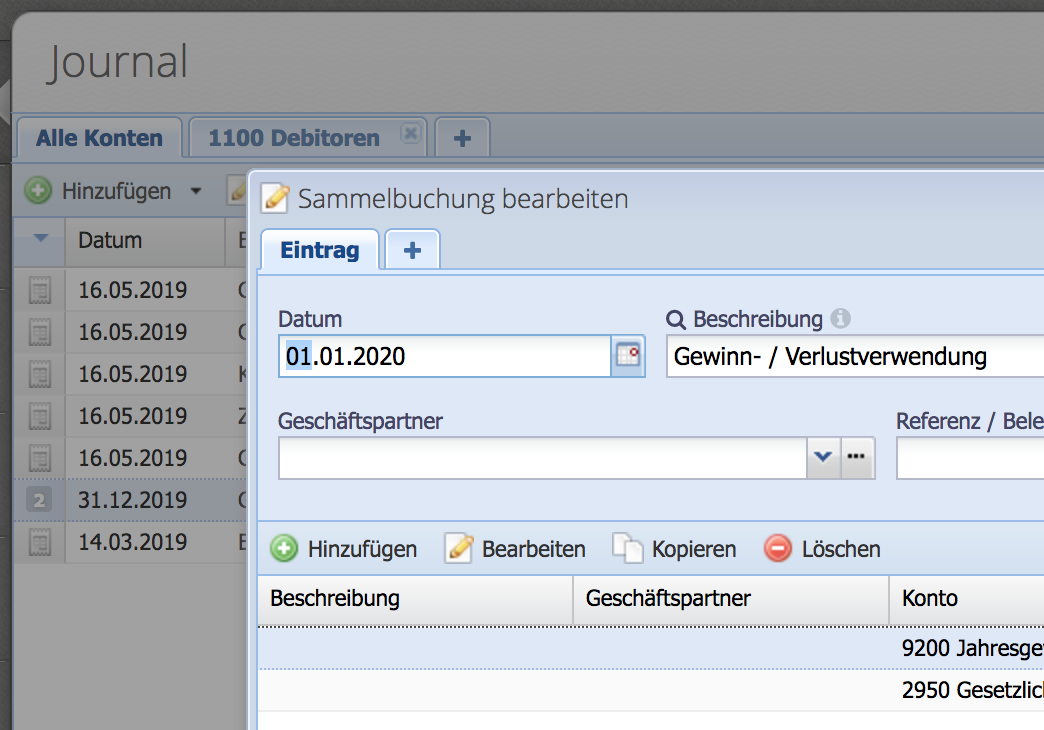 Screenshot Ausschnitt des Sammelbuchungen Dialogs 