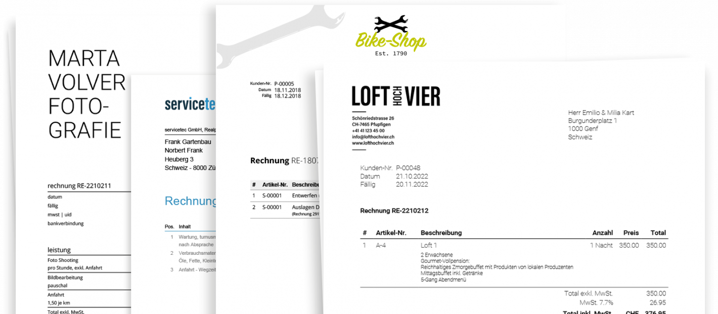 Screenshot of different individual layout examples