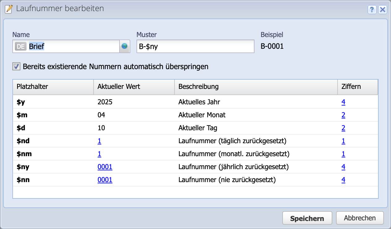 Screenshot of the sequence number configuration dialog