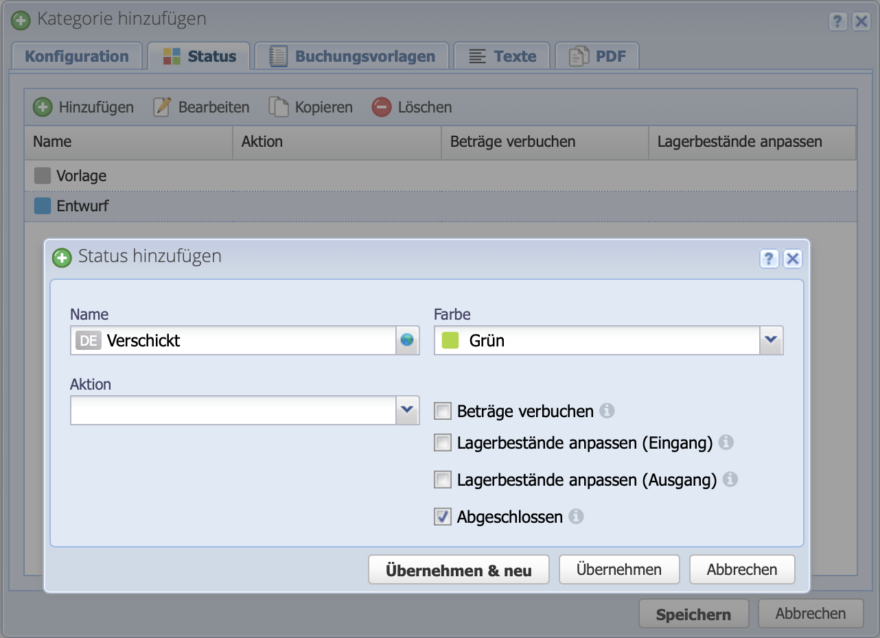 Screenshot of the status tab in the order category dialog