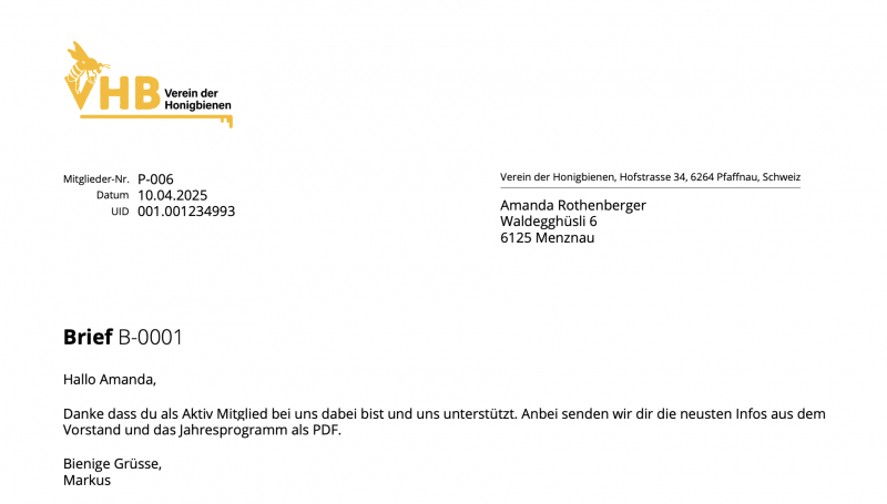 Screenshot of a letter created in CashCtrl.