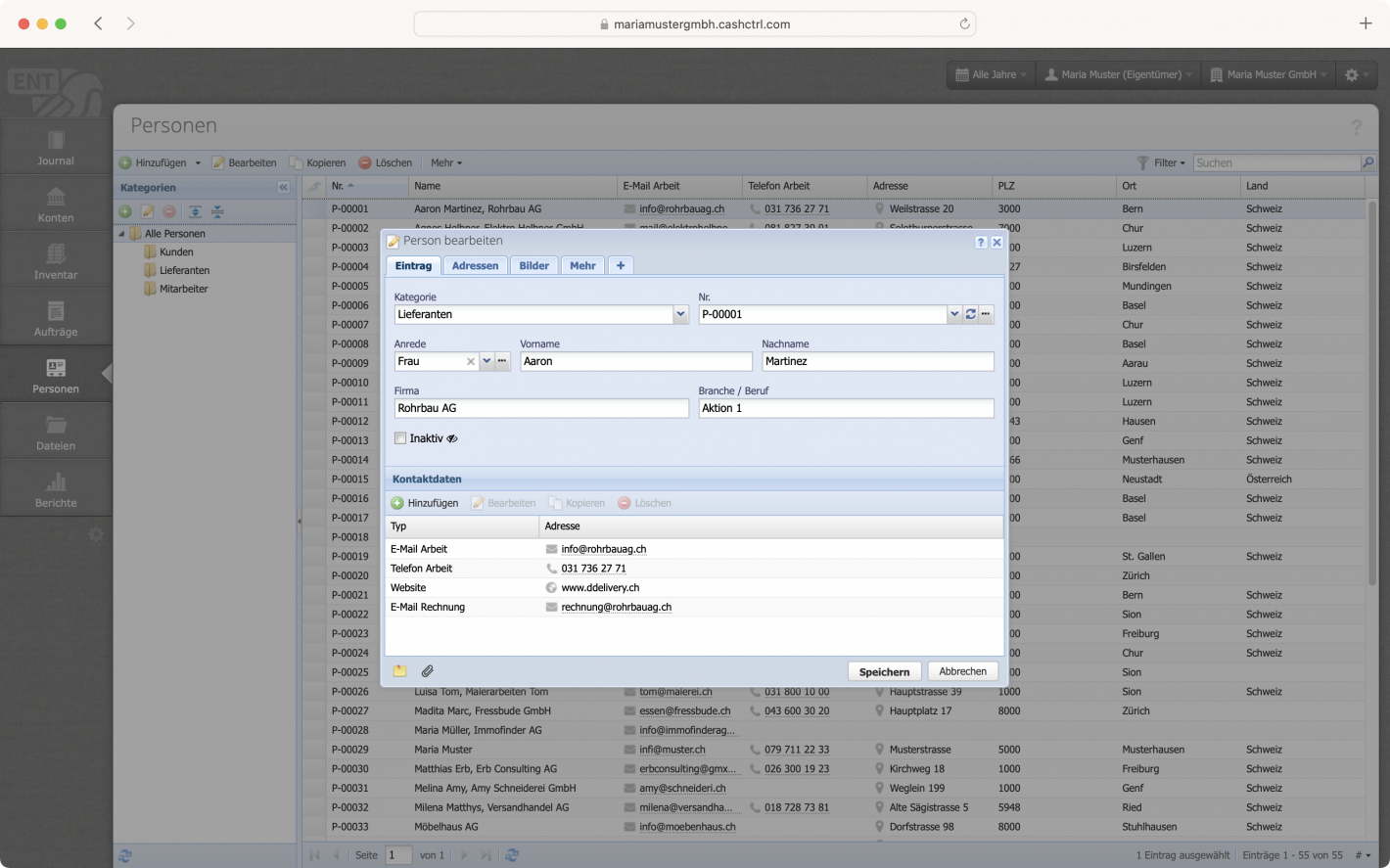 Screenshot of a contact in CashCtrl