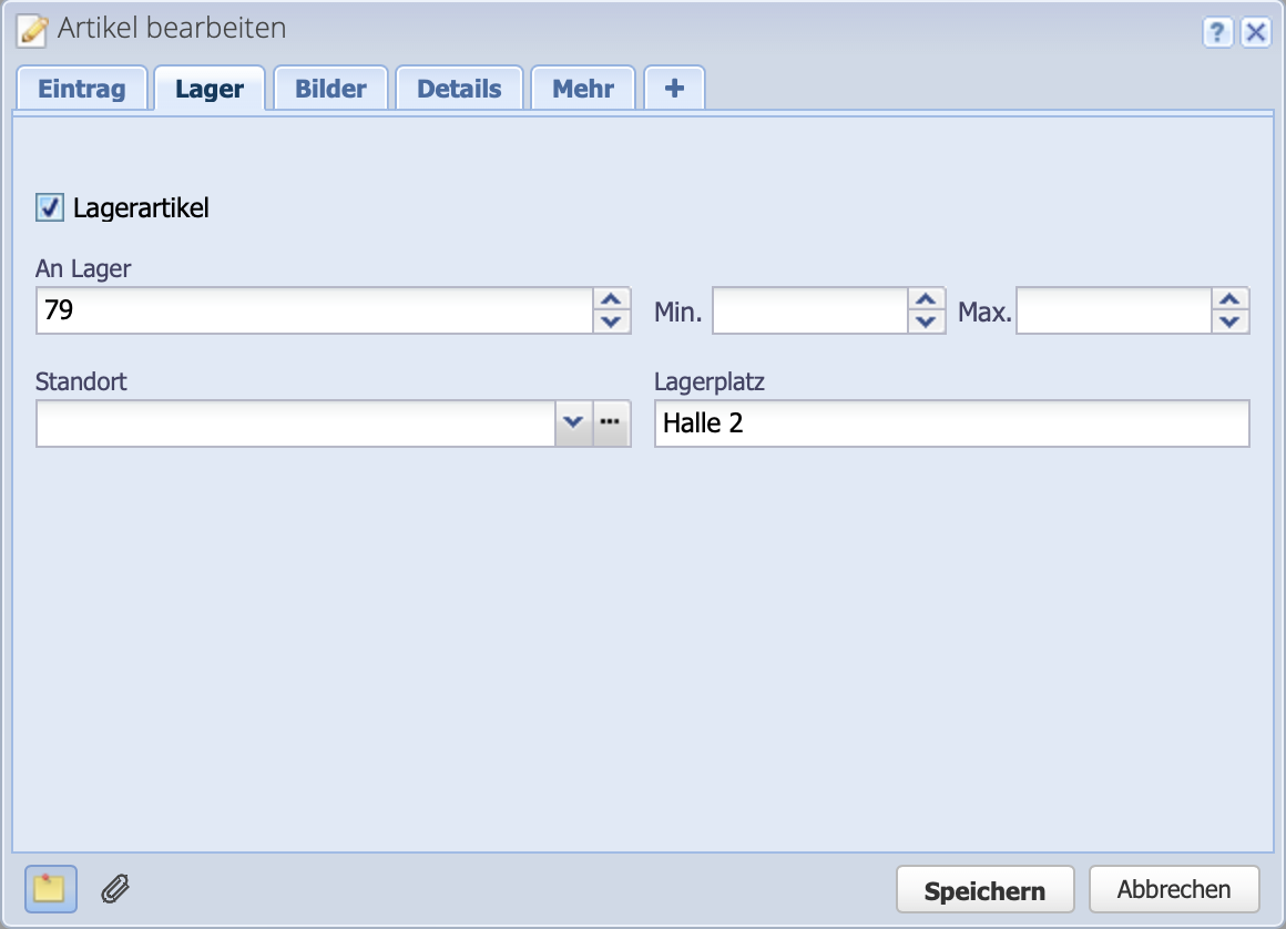 Screenshot des Lager Reiters eines Artikels wo der Haken bei Lagerartikel gesetzt werden kann.