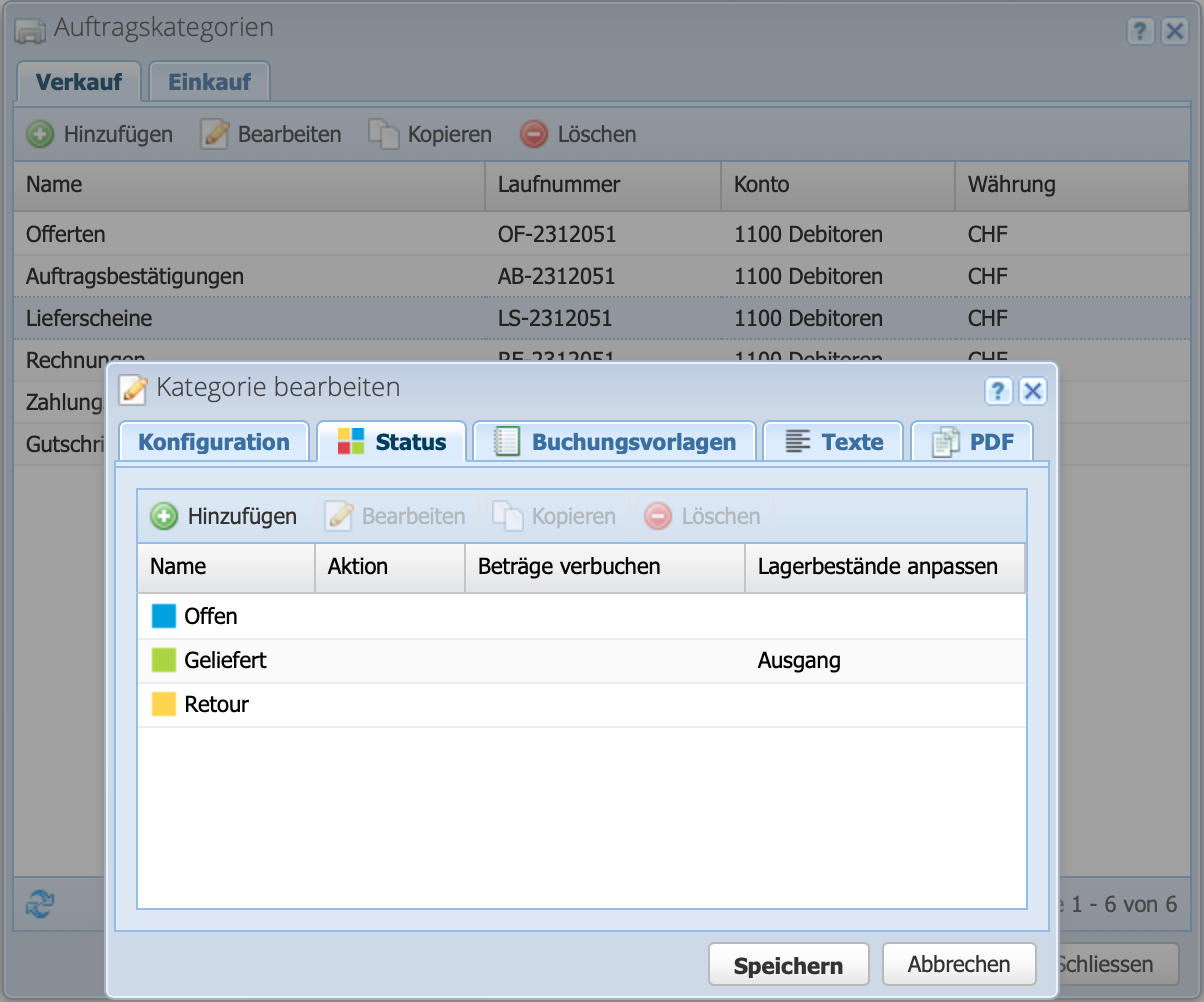 Screenshot der Auftragskategorie Einstellungen, wo der Status für die Beeinflussung des Lagerbestands konfiguriert werden kann.
