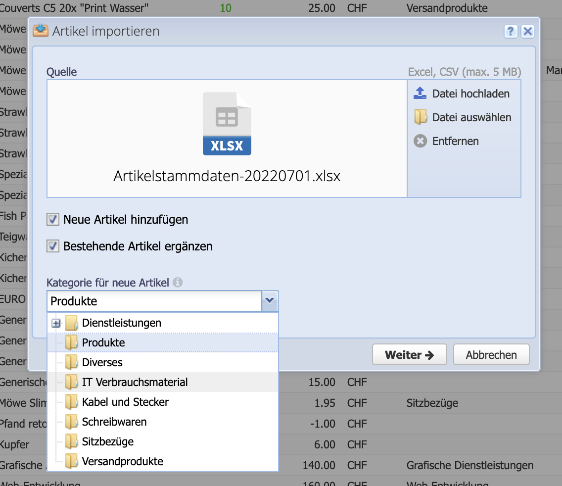 Screenshot des Import Dialoges für Artikel