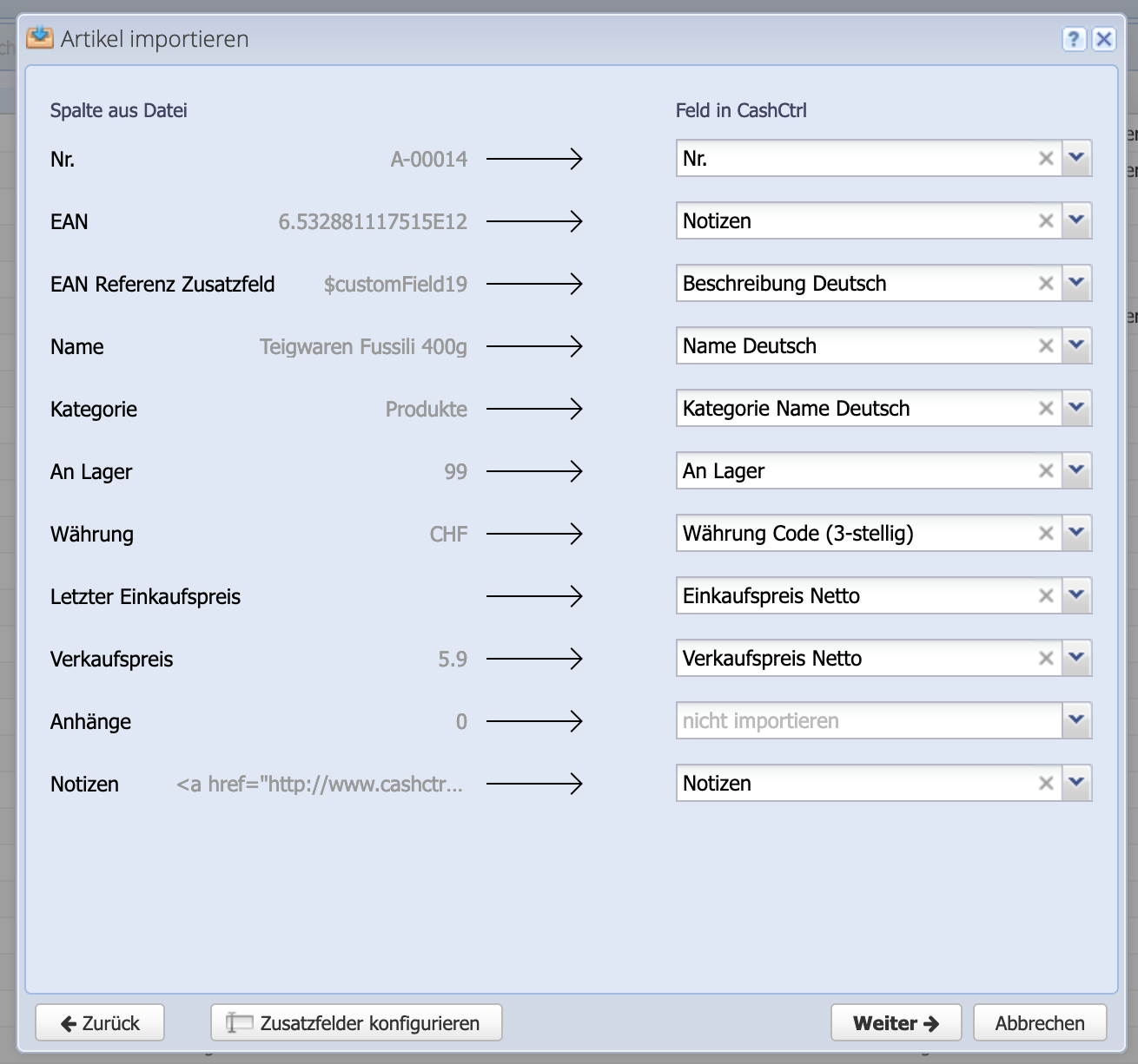 Screenshot Mapping der zu importierenden Spalten