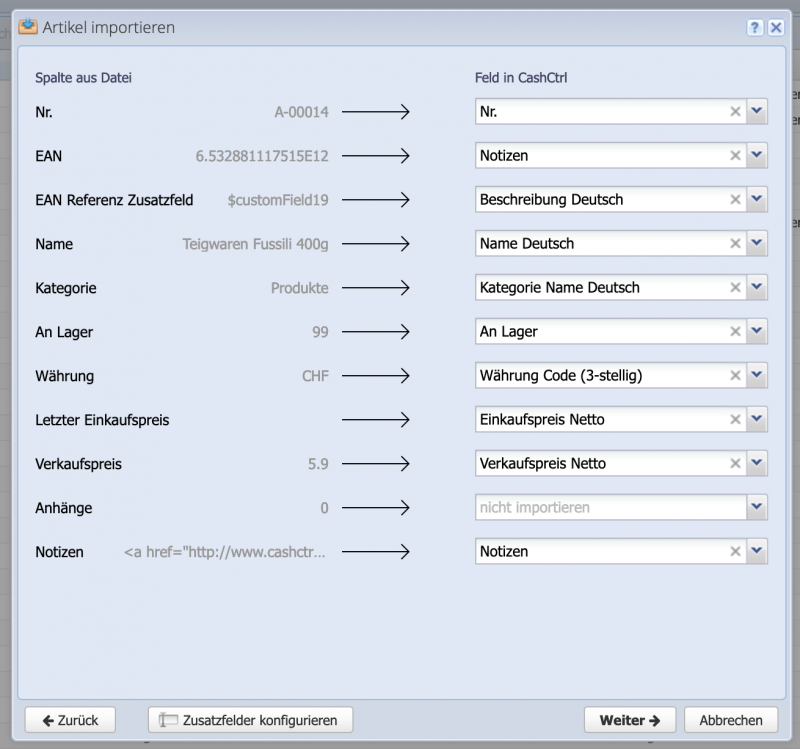 Screenshot Artikel importieren