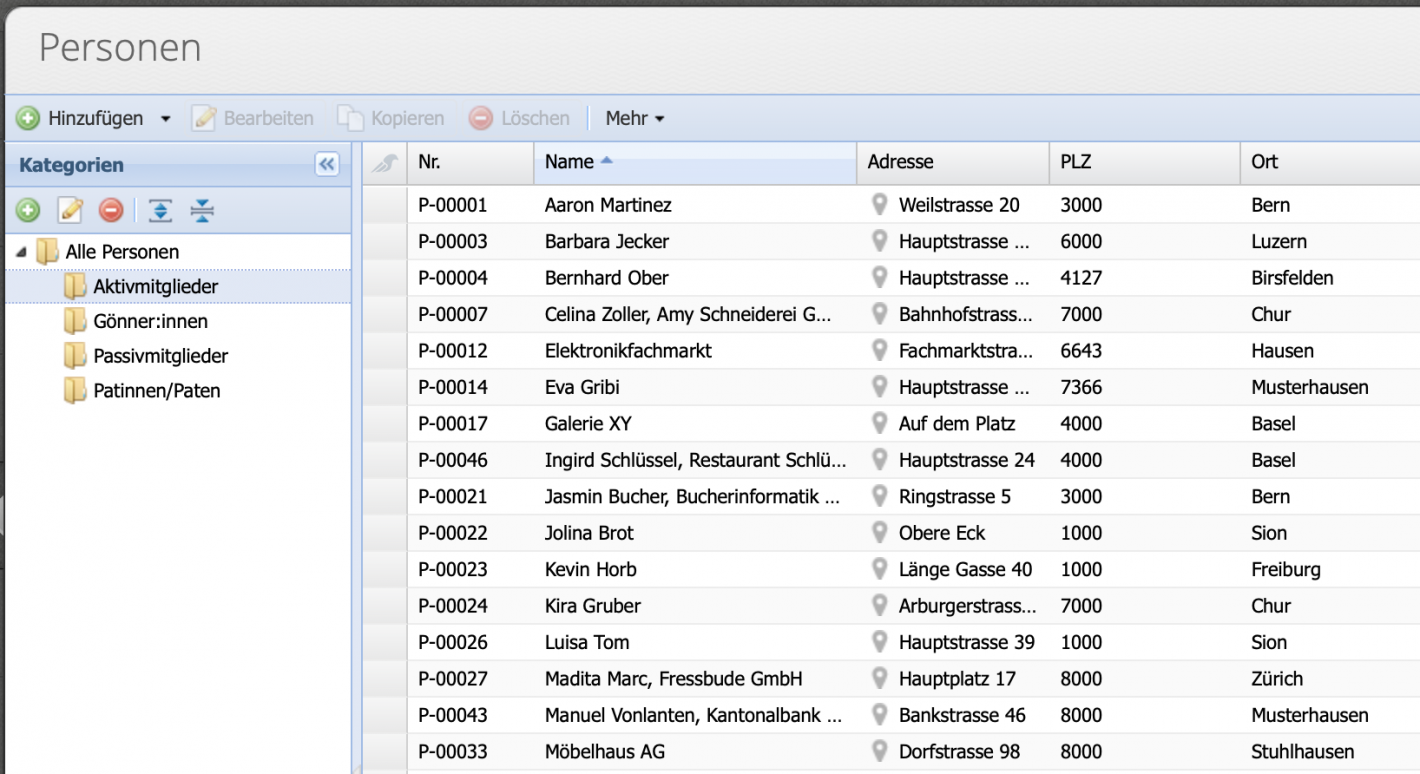 Screenshot: Member overview with categories