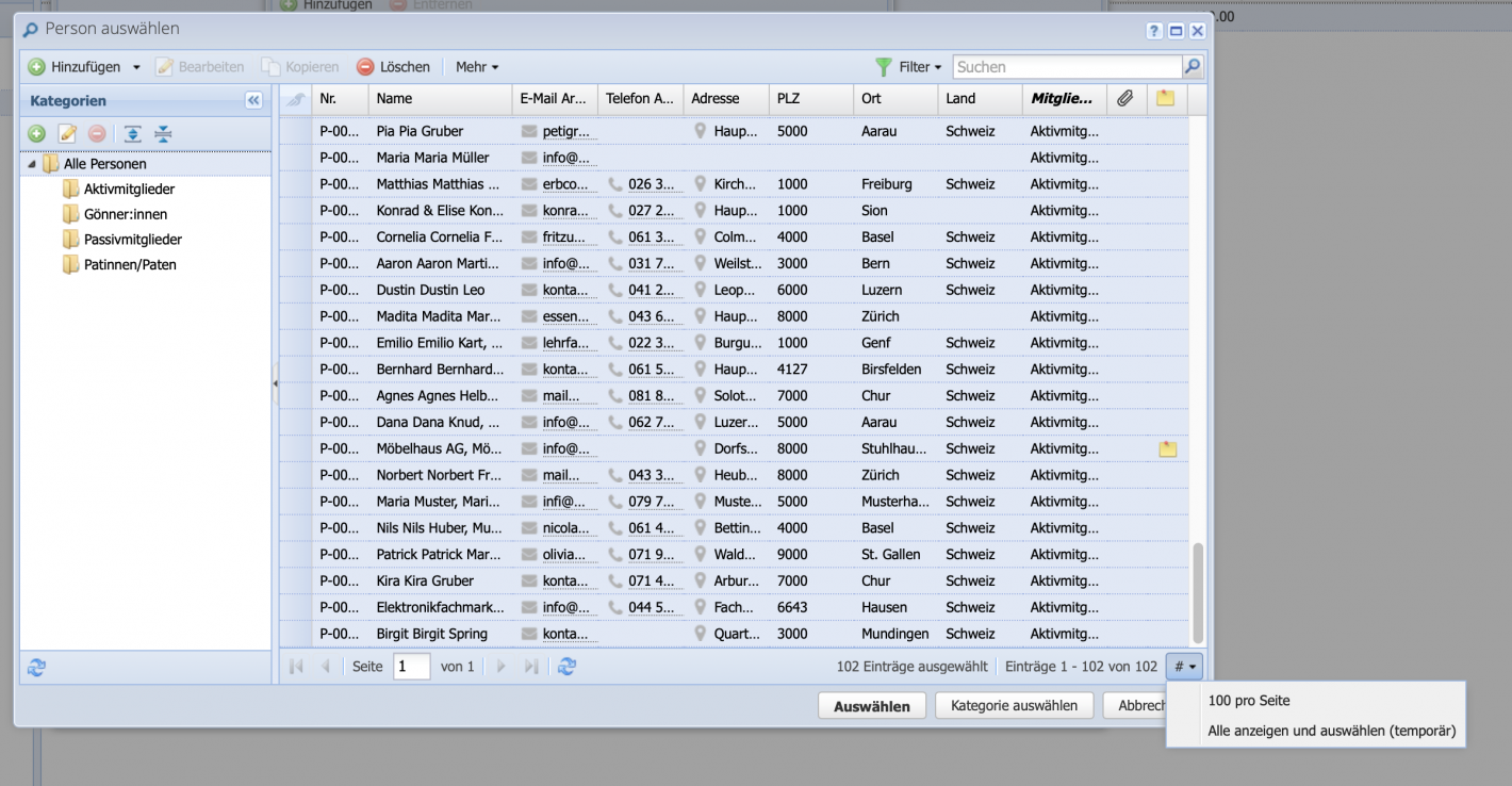 Screenshot: Show more than 100 contacts per page