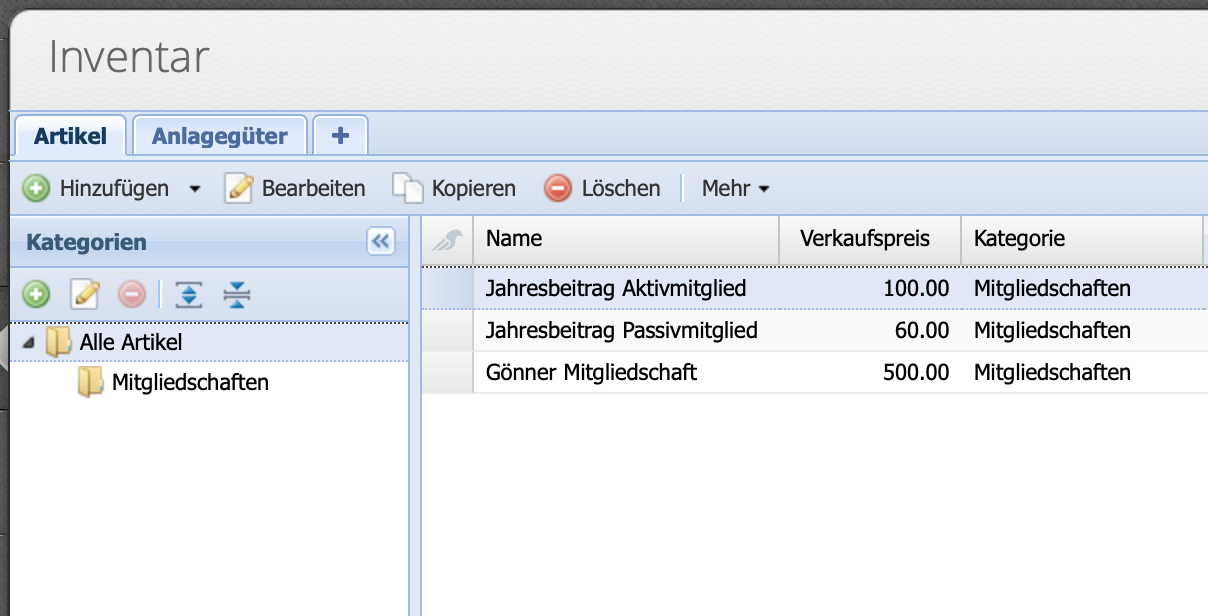 Screenshot: Overview of membership types CashCtrl