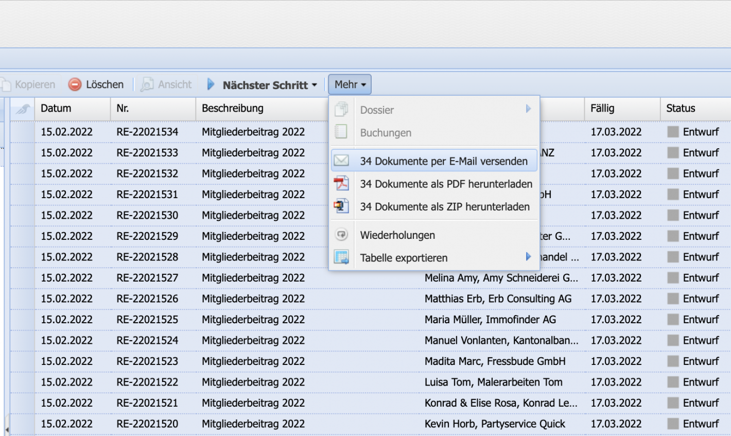 Screenshot: Send multiple invoices by email