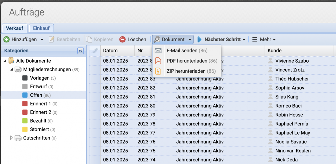 Screenshot: Mehrere Rechnungen per Email versenden