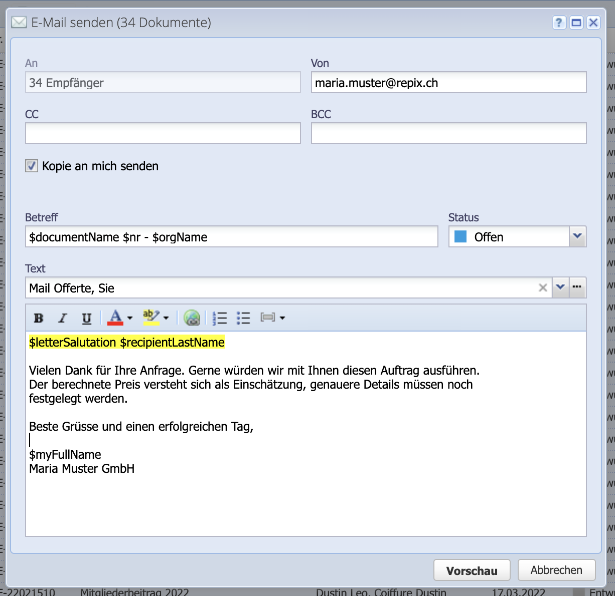 Screenshot: Email sending dialog CashCtrl