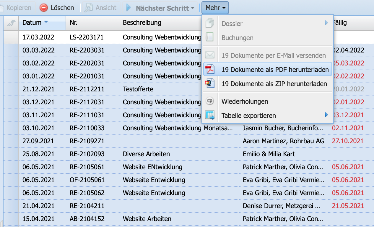 Screenshot: Download multiple invoices as one PDF.