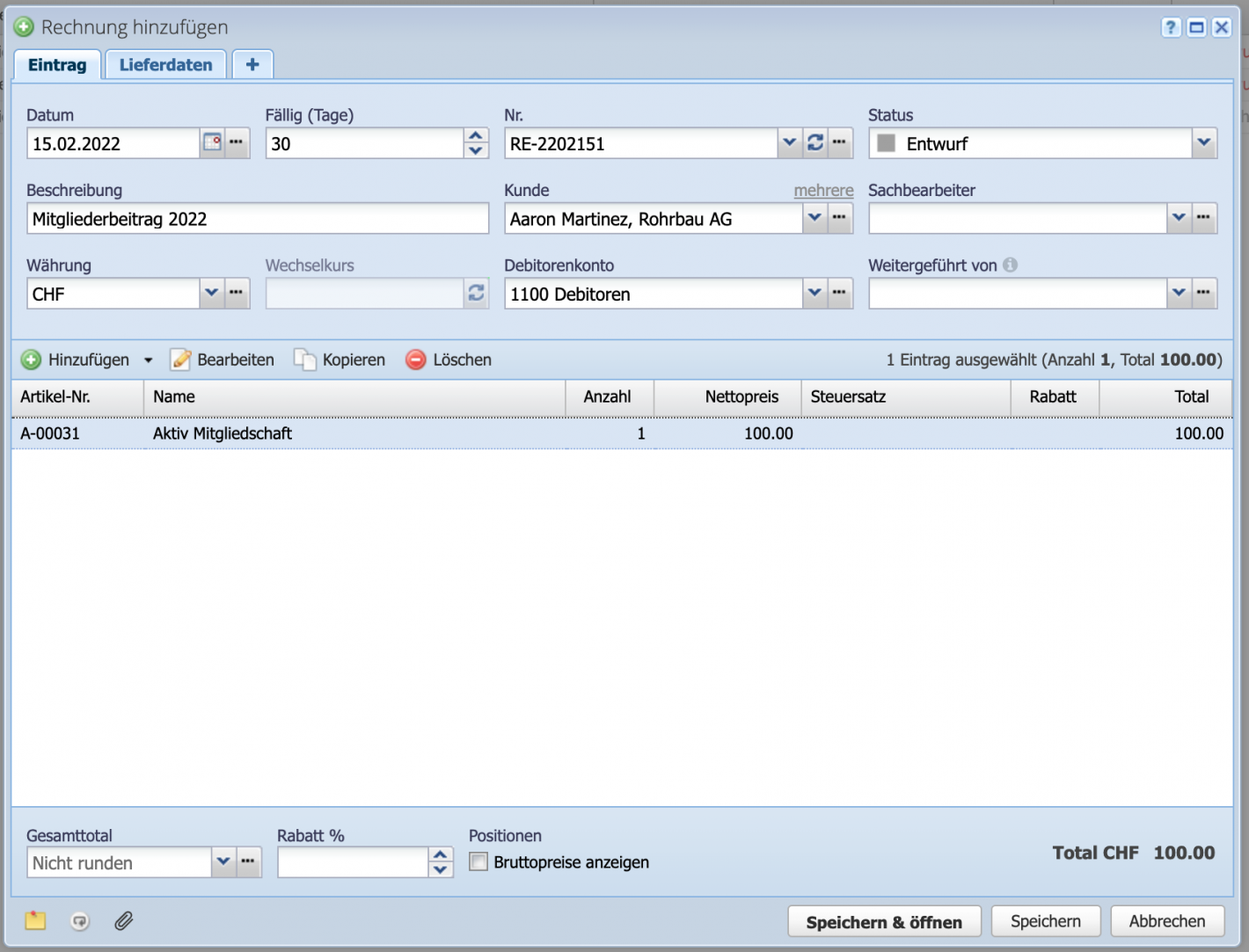 Screenshot: Invoice creation dialog in CashCtrl