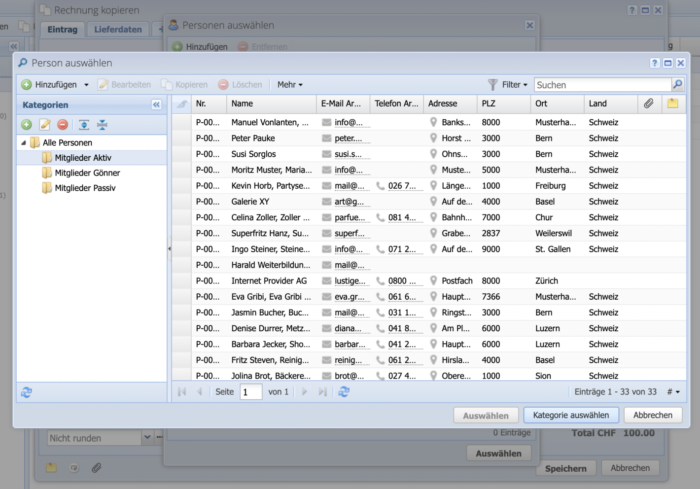 Screenshot: Filtered view addresses and contacts