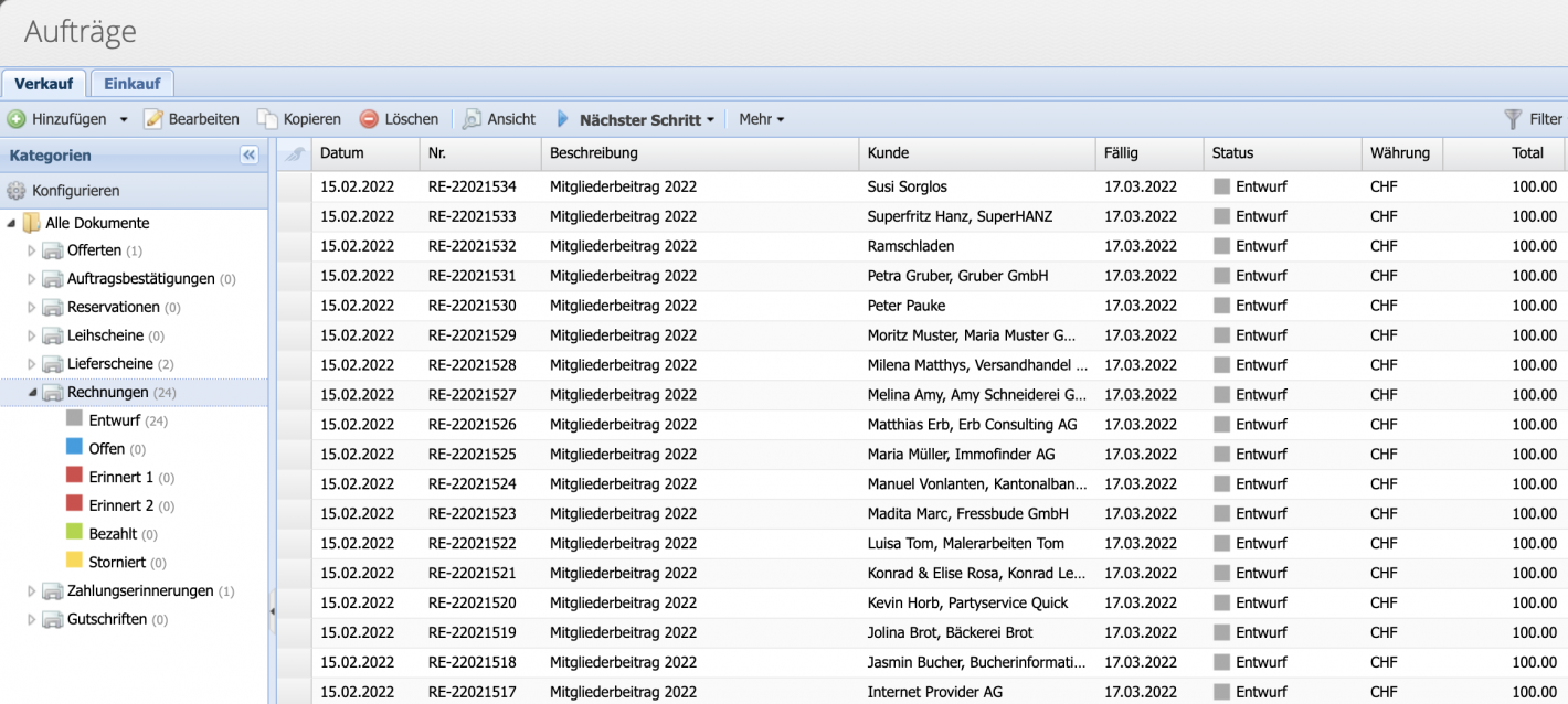 Screenshot: Newly created invoices in the overview