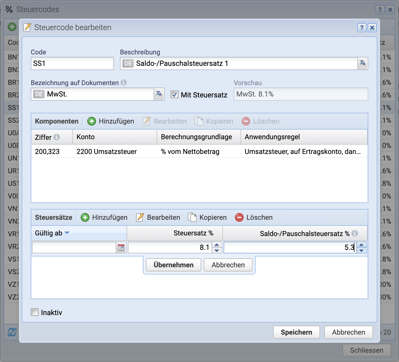 Screenshot CashCtrl Dialog: Erfassen eines neuen Saldosteuersatzes.