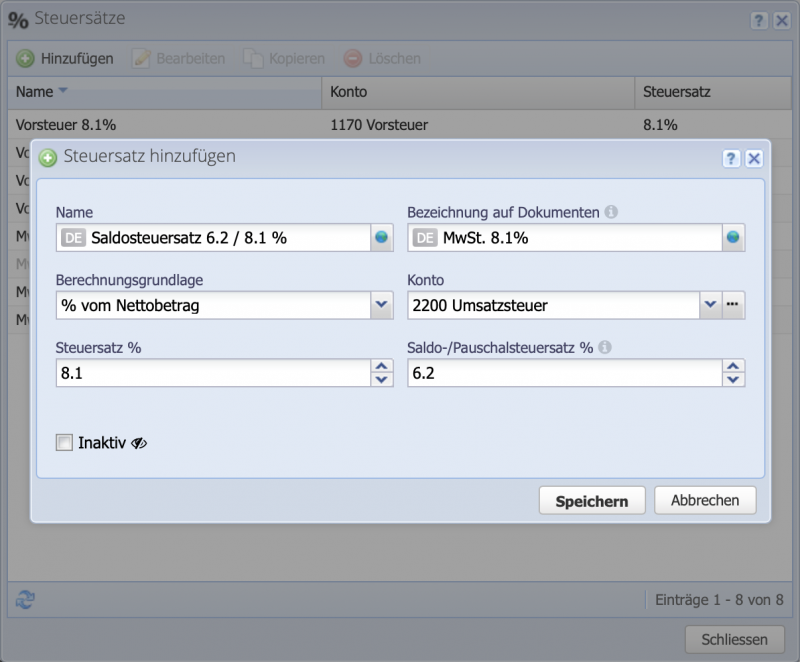 Screenshot of the tax rates in CashCtrl