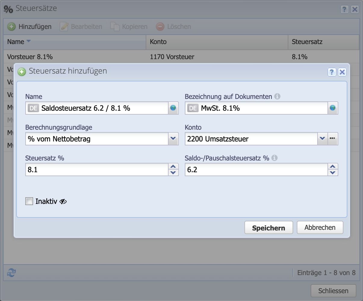 Screenshot CashCtrl dialog: Entering a new net tax rate.