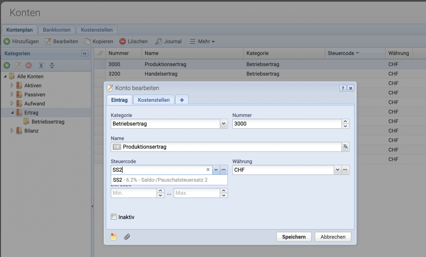 Screenshot des Bearbeiten Dialogs von Konten zum Hinterlegen des Steuercodes
