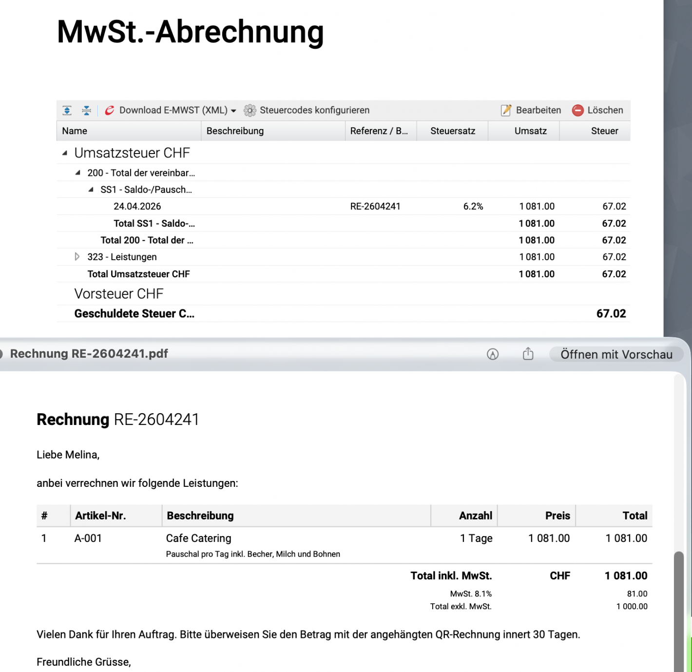 Screenshot CashCtrl Dialog: Position auf dem Rechnungsdokument w&auml;hlt automatisch den richtigen Steuersatz.
