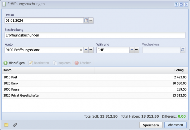 Screenshot of the opening bookings dialog