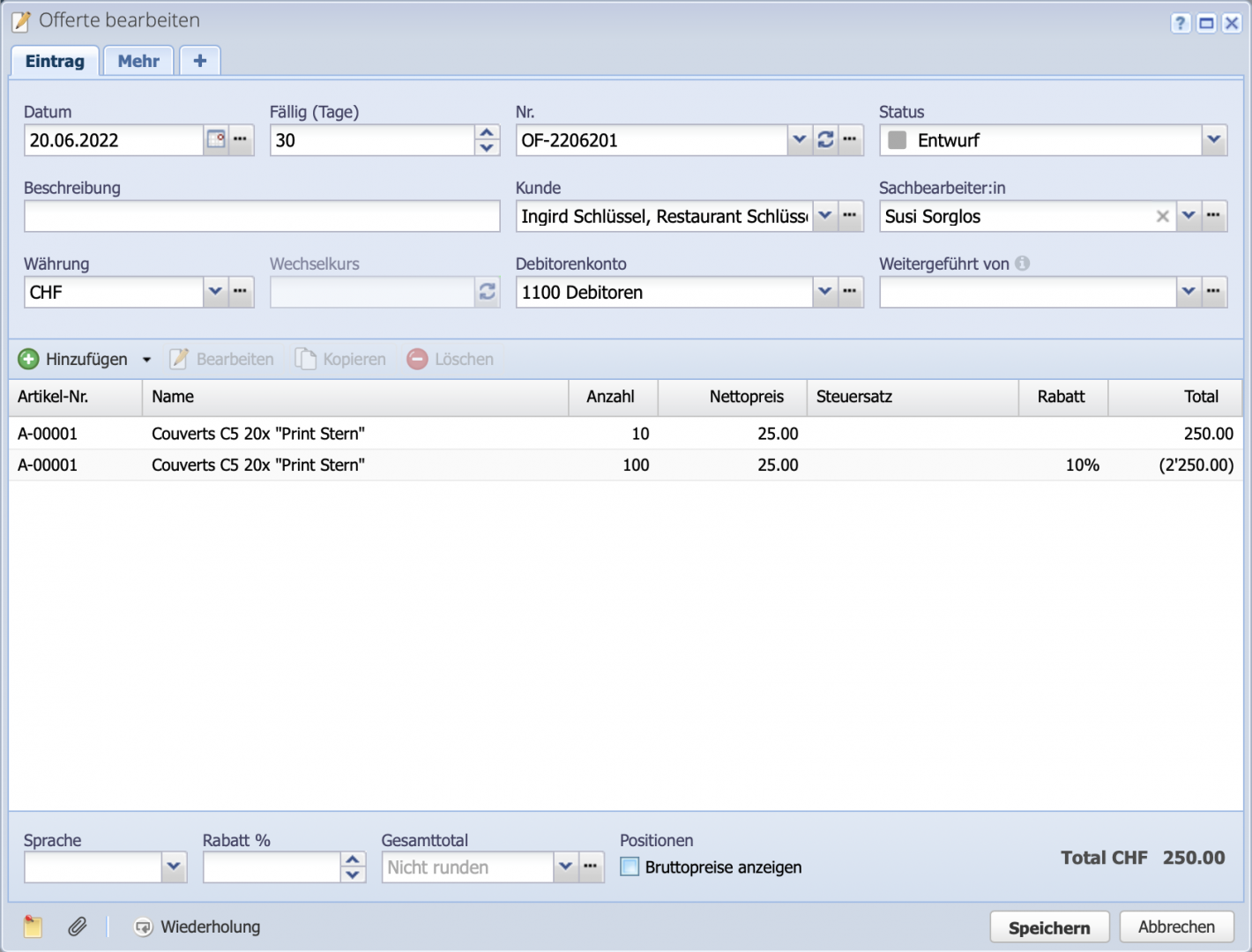 Screenshot of the dialog window for creating a new offer
