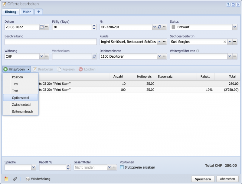 Screenshot of the Create order dialog with inserting an option total