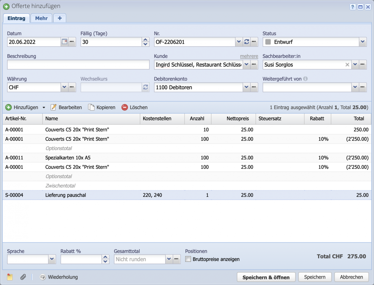 Screenshot of an offer with many positions and inserted option totals and subtotals