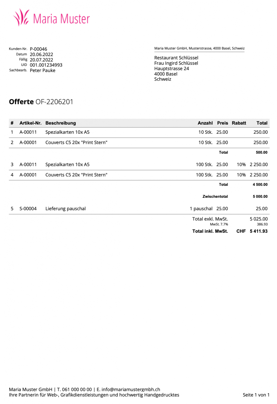 Screenshot der fertigen Offerte mit Optionstotal und Zwischentotal