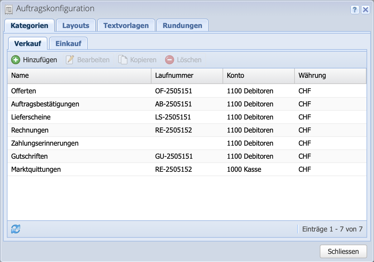 Screenshot of the order categories
