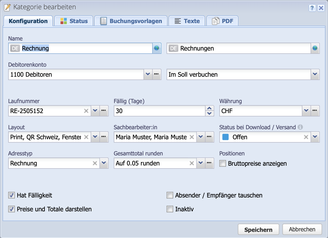 Screenshot of the configuration of the invoices order category 