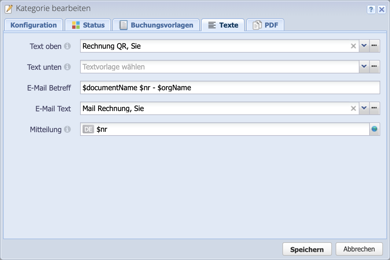 Screenshot of the texts tab in the edit dialogue of the order categories