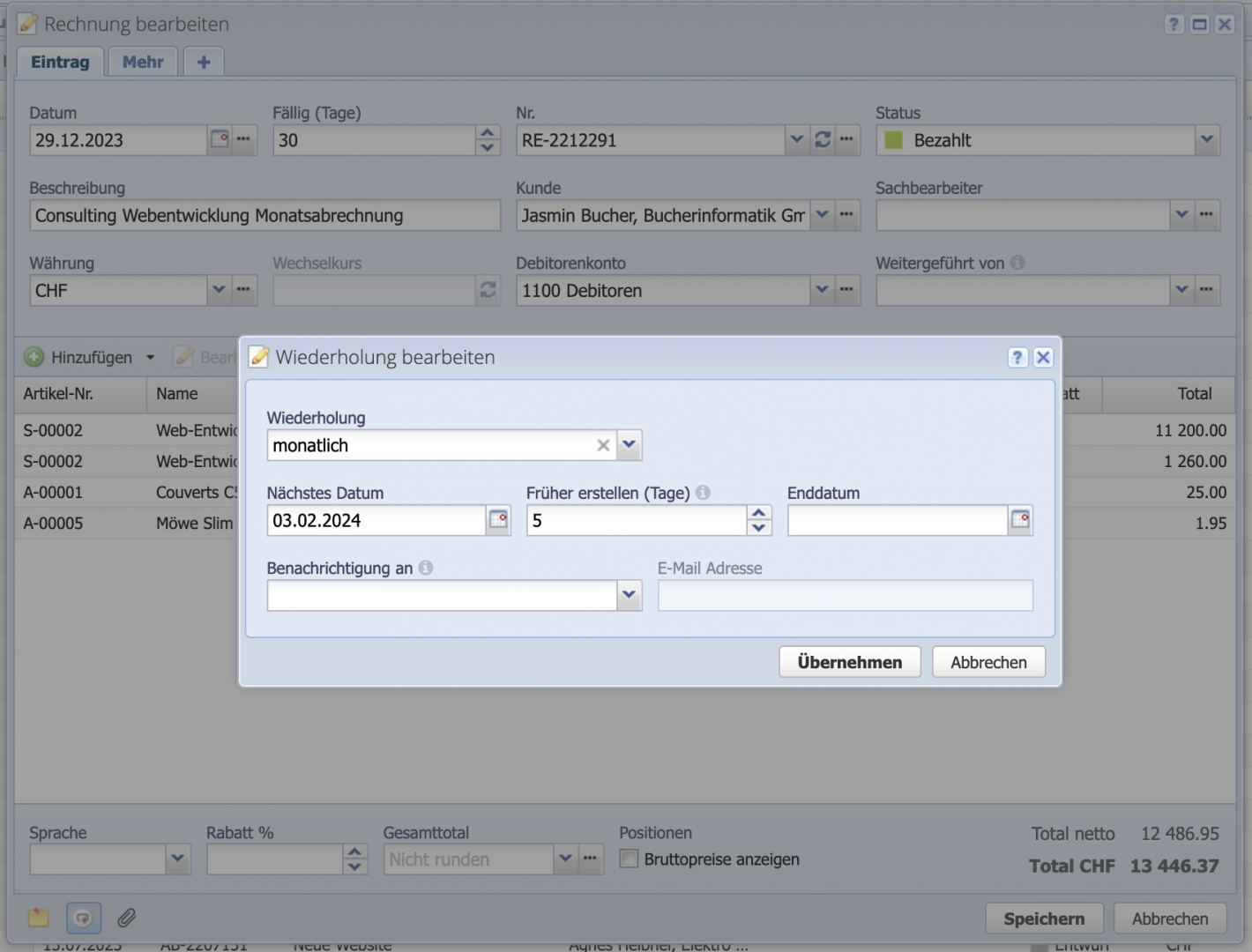 Screenshot of the Recurrences dialog in CashCtrl.