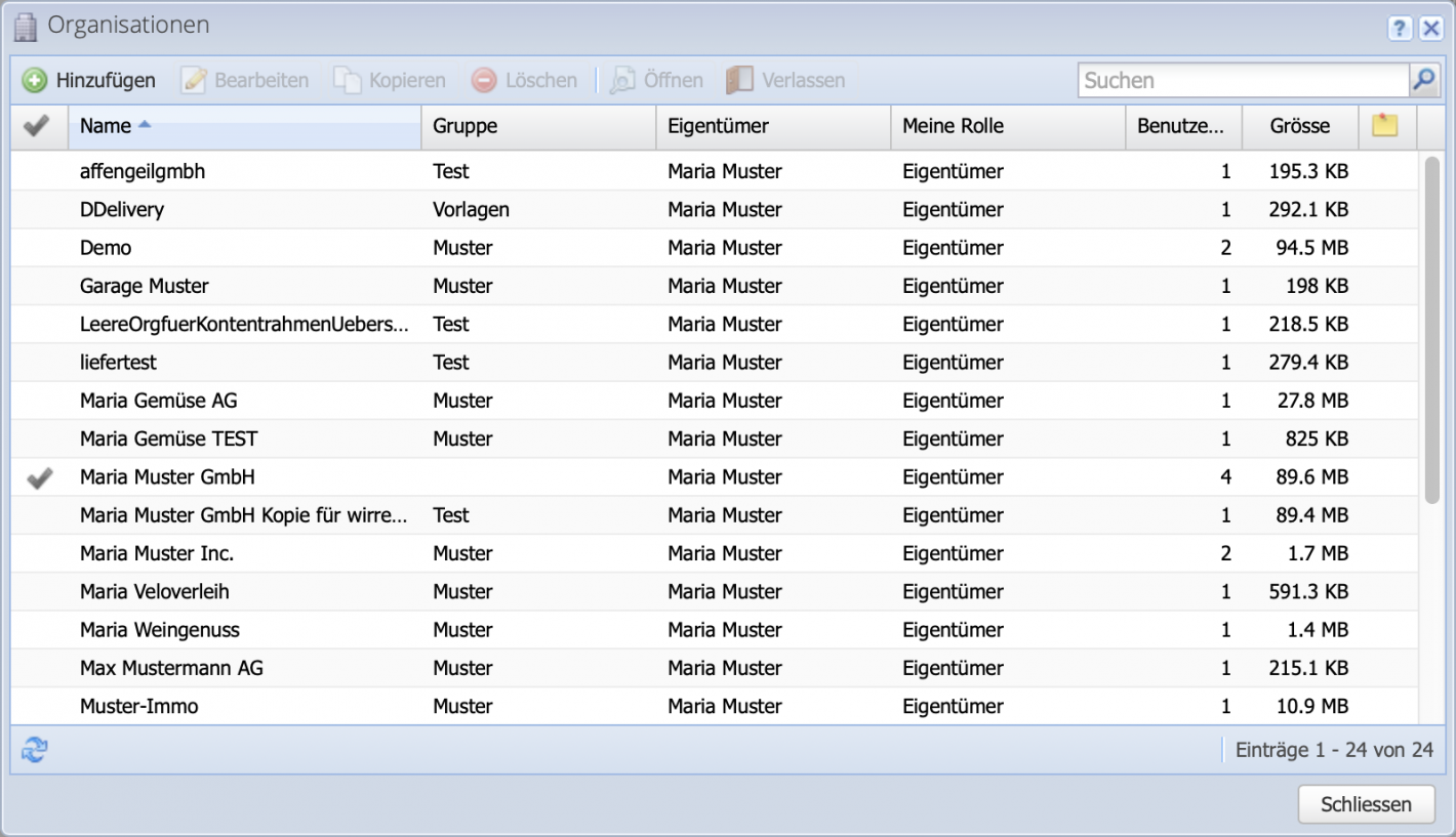 Screenshot from the Organizations dialog.