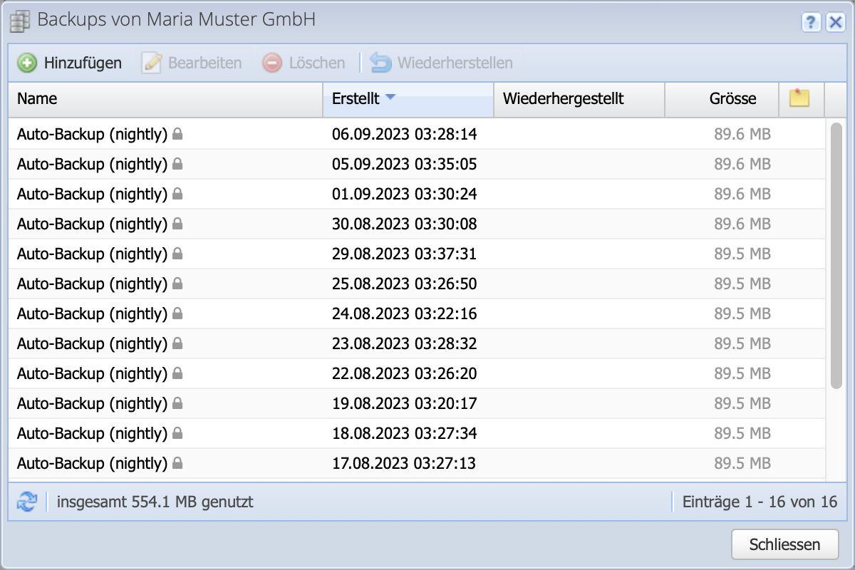 CashCtrl Screenshot of the backup dialog.
