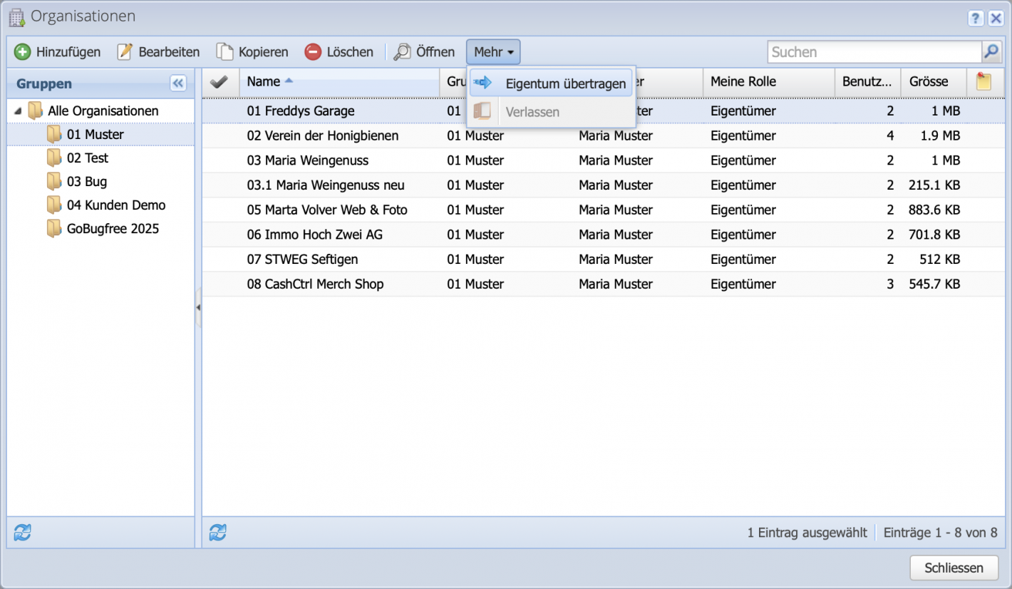 Screenshot der Organisationen Verwaltung f&uuml;r die &Uuml;bertragung einer Organisation 