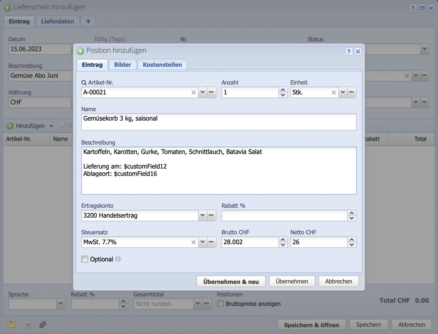 Screenshot of the order dialog with adding a position