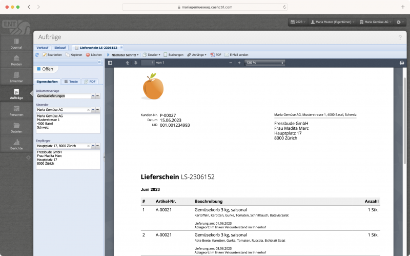 Screenshot of the delivery bill preview with the delivery data of the vegetable subscription deliveries