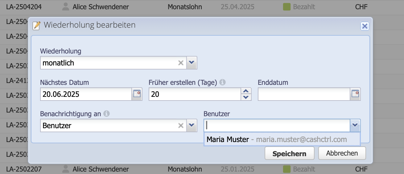 Screenshot des Wiederholungen Dialogs bei der Lohnabrechnung mit Auswahl eines Benutzers für die Benachrichtigung