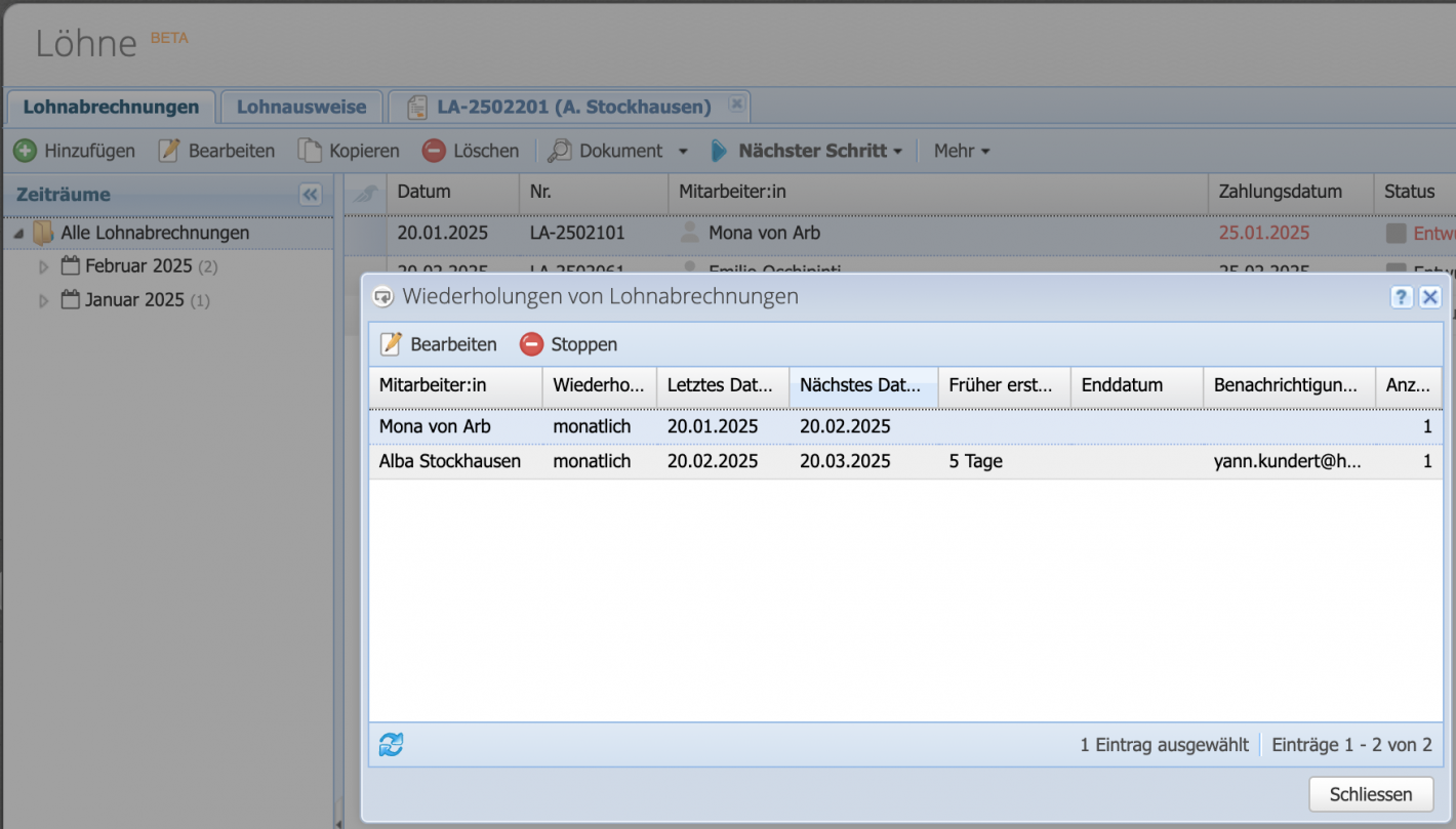 Screenshot der Übersicht aller Wiederholungen von Lohnabrechnungen
