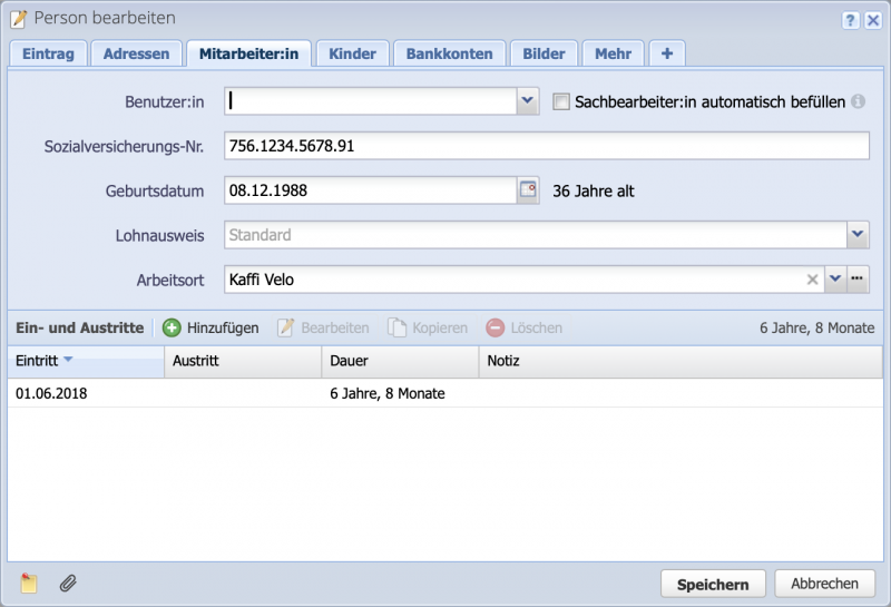 Screenshot of the employee registration dialog