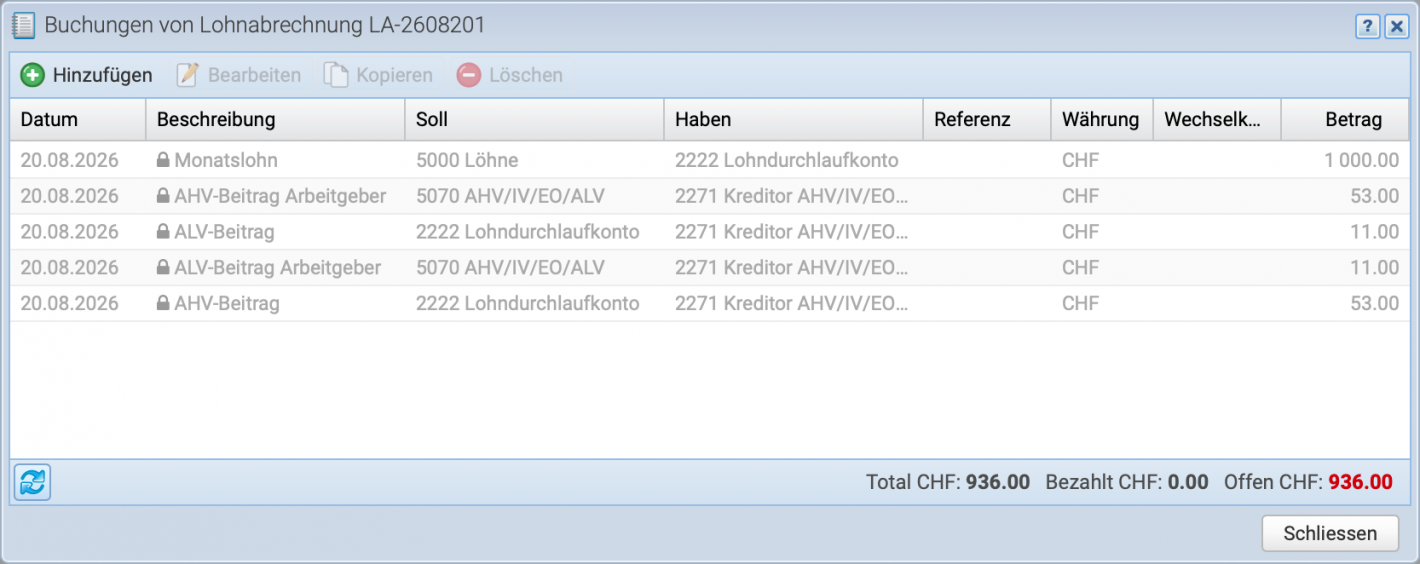 Screenshot des Buchungen Fensters einer Lohnabrechnung in CashCtrl