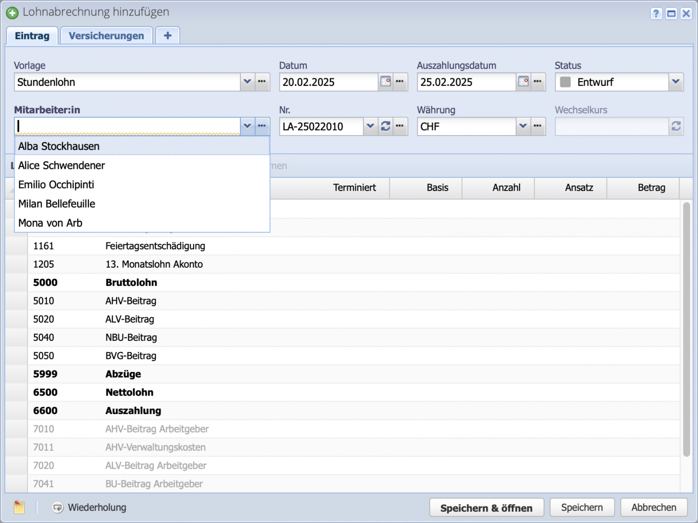 Screenshot des Hinzufügen Dialogs für eine neue Lohnabrechnung mit Stundenlohn